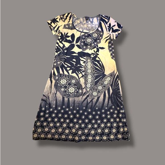 Lucky Brand Tropical Print Navy Cream T-Shirt Dress Size S - Picture 1 of 8
